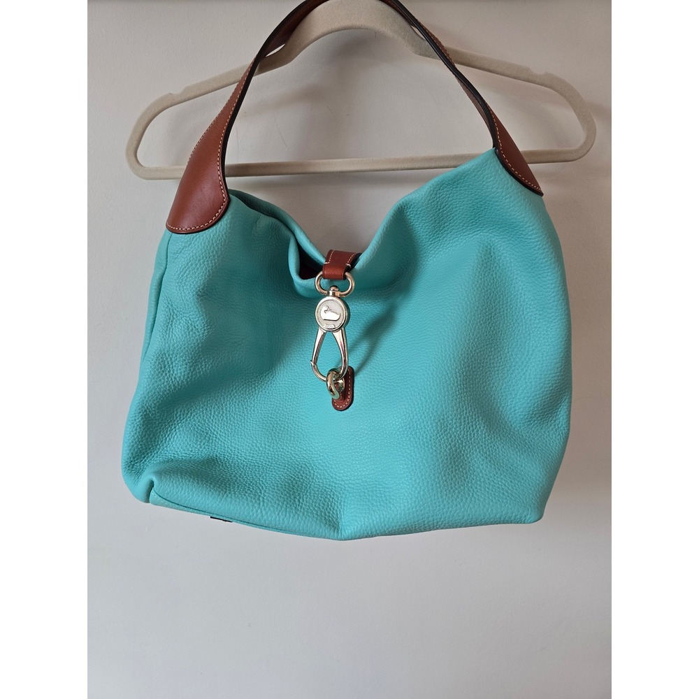 Dooney & Bourke Turquoise Pebbled Leather Hobo Bag Brown Trim Gold Duck Clasp